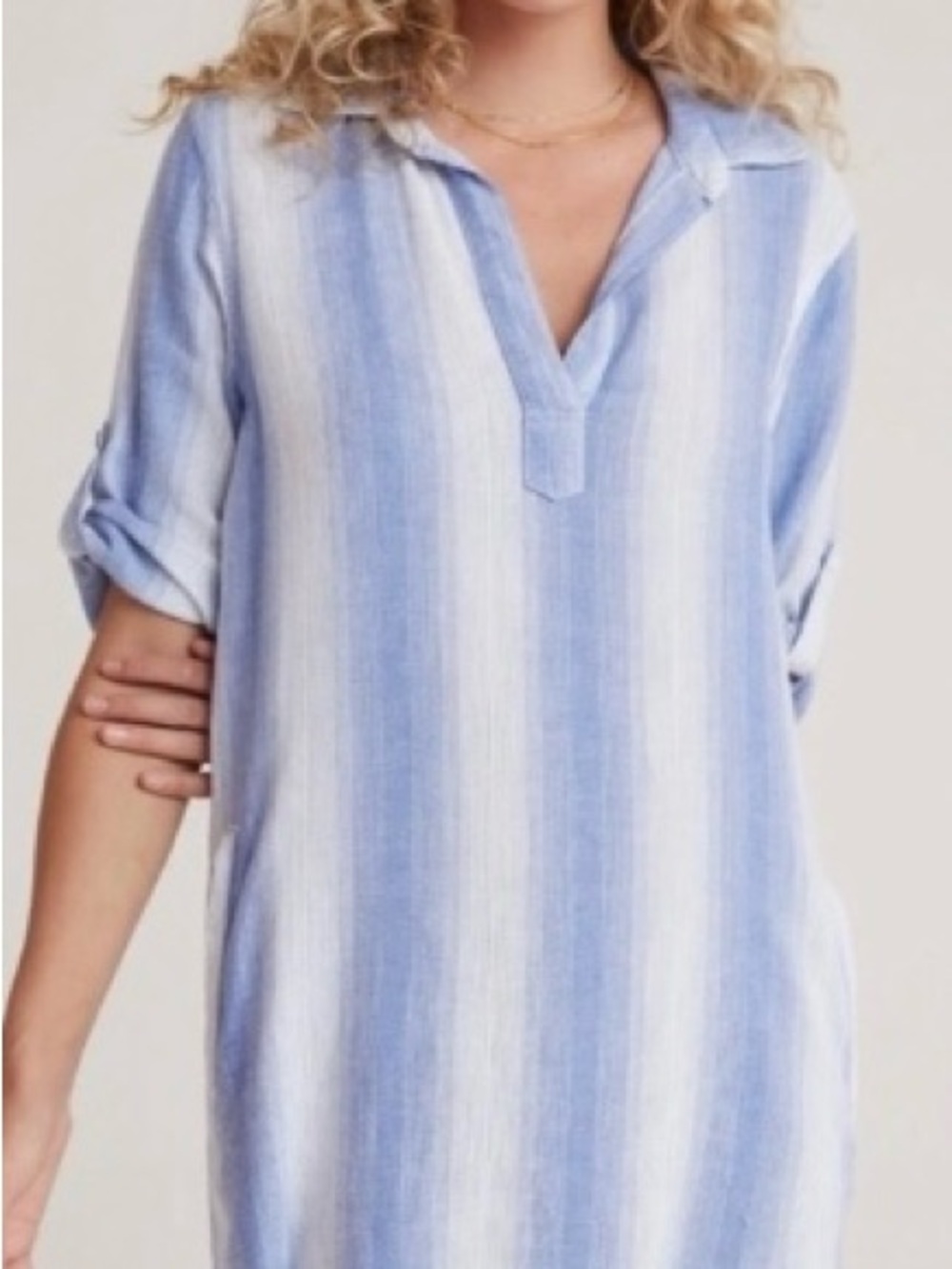 Bella Dahl Light Blue & White Striped A-Line dress cover-up rayon/linen